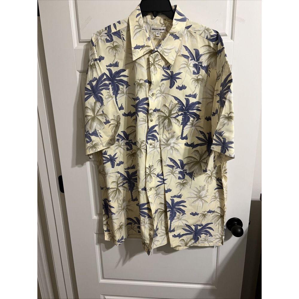 Pierre Cardin Shirt‎ Mens Large Blue Yellow Floral Short Sleeve Button Up 2XL